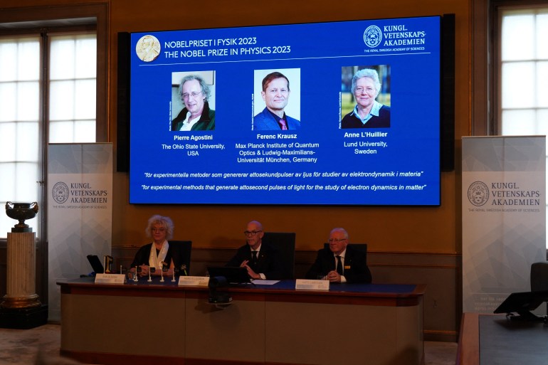 Scientists Pierre Agostini, Ferenc Krausz and Anne L'Huillier are announced as the winners of the 2023 Nobel Prize in Physics at a press conference in the Royal Swedish Academy of Sciences in Stockholm, Sweden, October 3, 2023. REUTERS/Tom Little