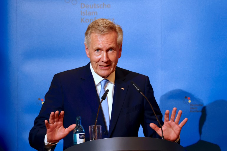 epa10987273 Former German President Christian Wulff delivers a speech during the German Islam Conference in Berlin, Germany, 21 November 2023. Federal authorities and representatives of various islamic institutions take part in a regular steering committee that aims to improve the dialogue and relations between the German state and muslims living in the country. EPA-EFE/HANNIBAL HANSCHKE