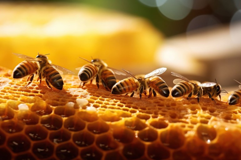 Close-up of bees on honeycomb -