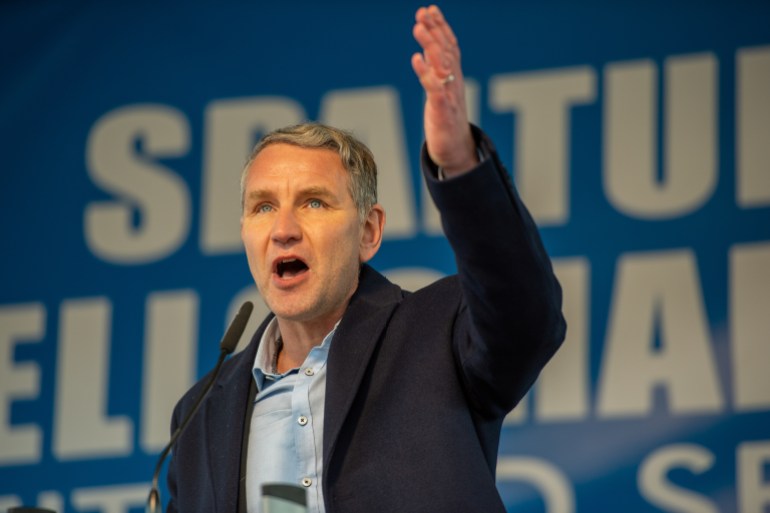 MAGDEBURG, GERMANY- MARCH 05: Björn Höcke of the AfD (Alternative for Germany) speaks to the crowd at the AfD's demonstration against any compulsory Corona vaccinations in Magdeburg, Saxony-Anhalt, Germany on May 05, 2022. The event held under the title of ' Healthy without Constraint' was a part of a nationwide day of action by the AfD in many cities in Germany (Photo by Craig Stennett/Getty Images)