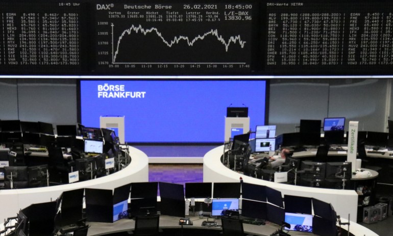 The German share price index DAX graph is pictured at the stock exchange in Frankfurt, Germany, February 26, 2021. REUTERS/Staff