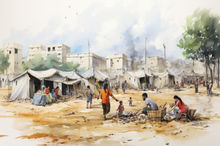 Families of men, women and children displaced in tents during the Israeli war on Gaza next to a hospital that was subjected to an air strike in the Gaza Strip