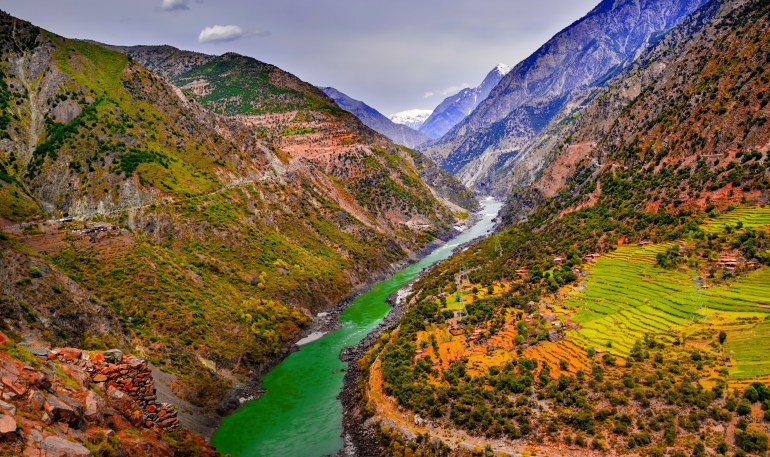 aerial view to Indus river and valley, Karakoram, Pakistan