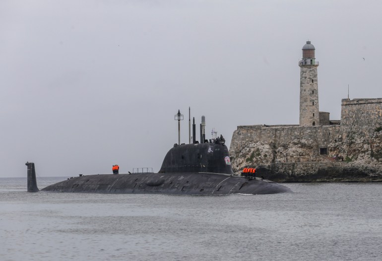 Russia's Kazan nuclear-powered submarine arrives at the port of Havana, Cuba, Wednesday, June 12, 2024. A fleet of Russian warships reached Cuban waters on Wednesday ahead of planned military exercises in the Caribbean. (AP Photo/Ariel Ley)