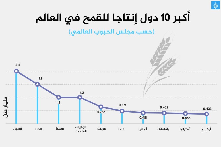 أكبر 10 دول إنتاجا للقمح في العالم (حسب مجلس الحبوب العالمي):