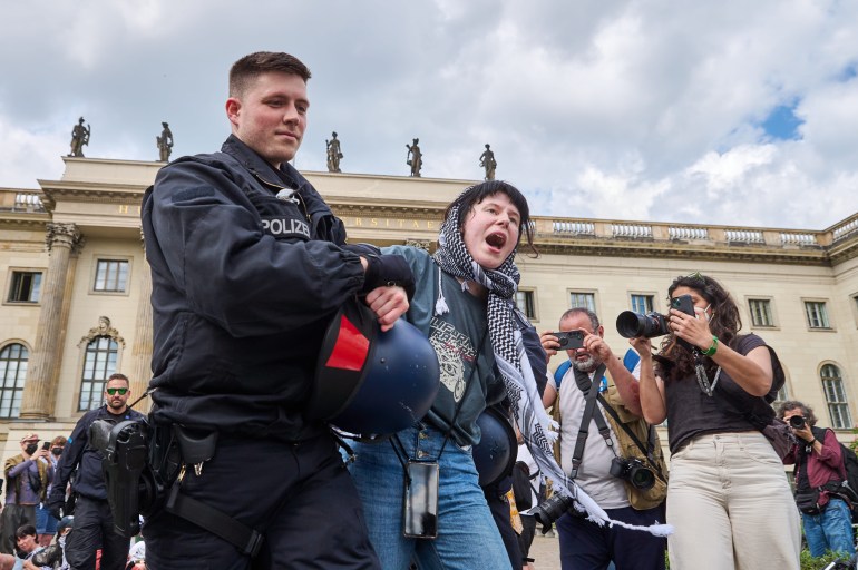 Mandatory Credit: Photo by snapshot-photography/F Boillot/Shutterstock (14461063l)Some 50 pro-Palestinian activists occupy the courtyard of the main building of the Humboldt University in Berlin. The police cleared the university's court and detained some protesters. This includes the initiator and influenza woman Daria alias dariamdnn. / Around 50 pro-Palestinian activists occupy the courtyard of the main building of Berlin's Humboldt University. The police cleared the university courtyard and carried some demonstrators into custody. Among them was the initiator and influencer Daria a.k.a. Pro-Palestinian activists occupy Humboldt University, Berlin, Berlin, Germany - 03 May 2024