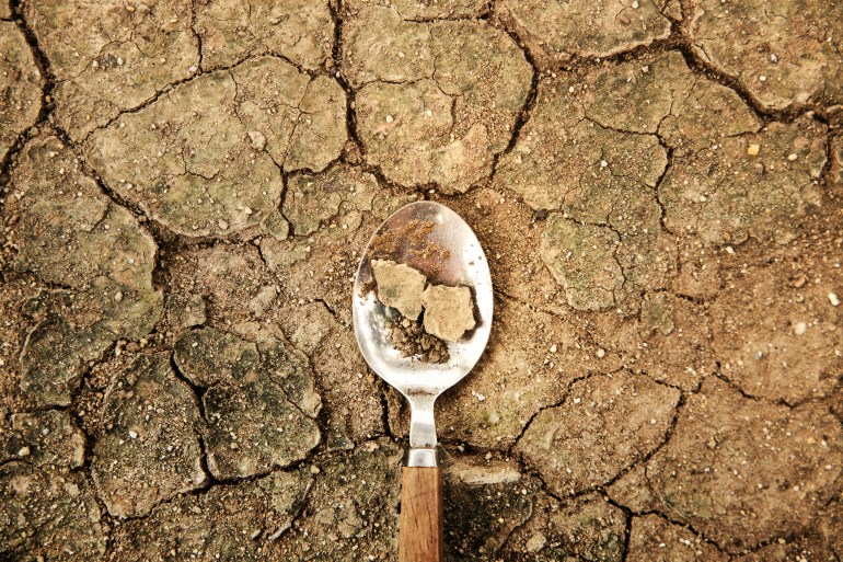 World Food Problem Concept. Environmental Impact. Food Shortage ,Global Issues in Agricultural Food Production. Cracked Soil, Desertification, Water, Pollution, Energy,Climate Change and Food Security