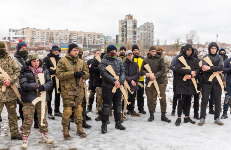 KYIV, UKRAINE - Feb. 12, 2022: Territorial defense exercises amid the threat of a Russian military invasion of Ukraine. Military exercises for civilians in Kyiv, Ukraine