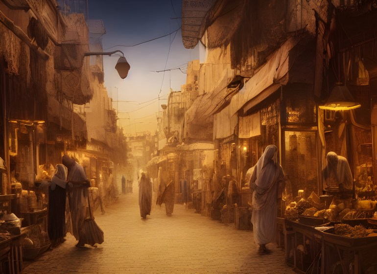 illustration busy street inside a ancient mesopotamian village, night time, roadside, middle eastern style