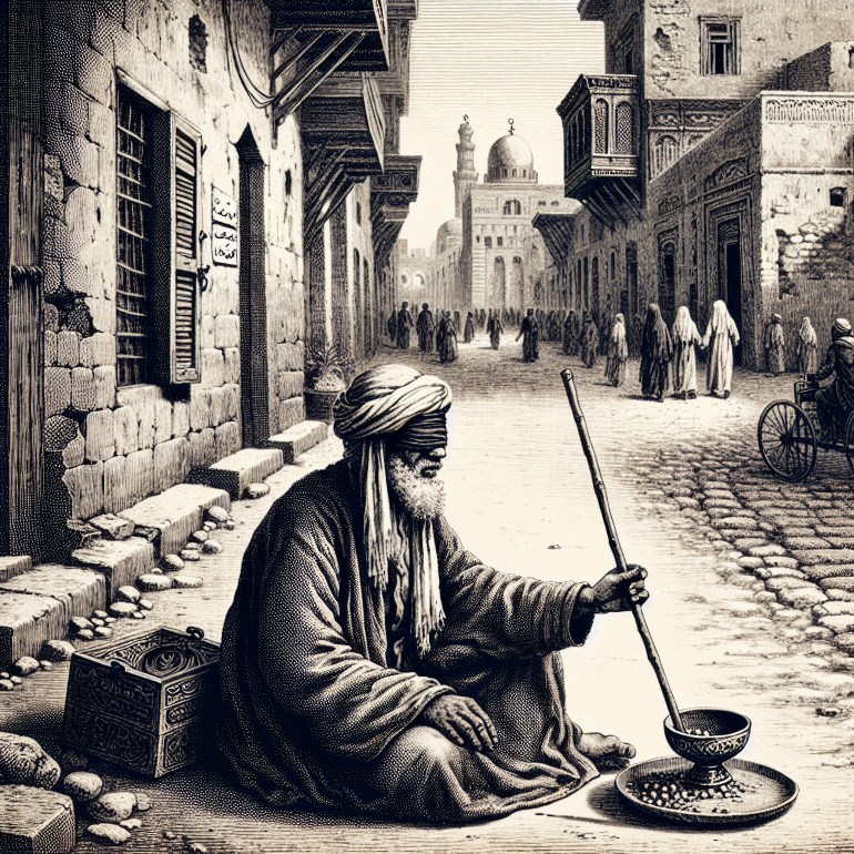 A black and white nineteenth century style engraving of a blind beggar sitting on a street in Cairo in the early 1900's.