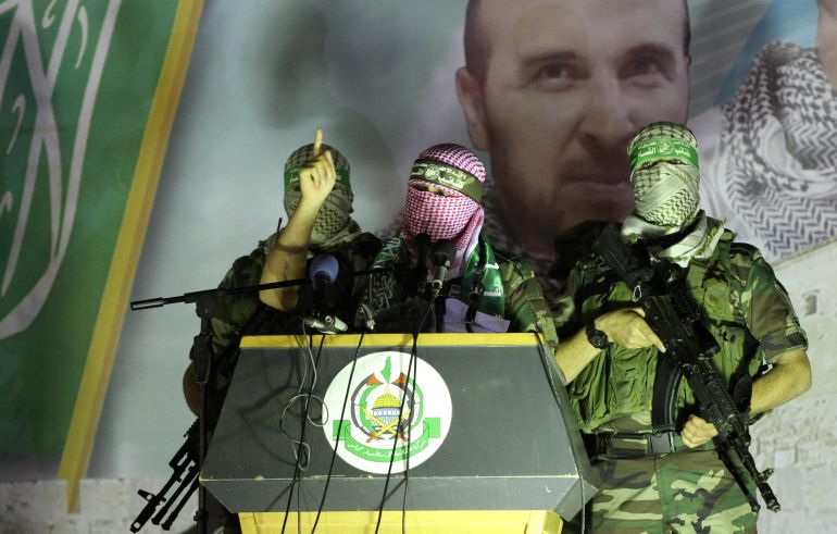 Abu Obaida, the spokesman for the Ezzedine Al-Qassam Brigades, Hamas's armed wing, speaks during an anti-Israel rally