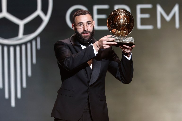 Soccer Football - 2022 Ballon d'Or - Chatelet Theatre, Paris, France - October 17, 2022 Real Madrid's Karim Benzema after winning the Ballon d'Or REUTERS/Benoit Tessier