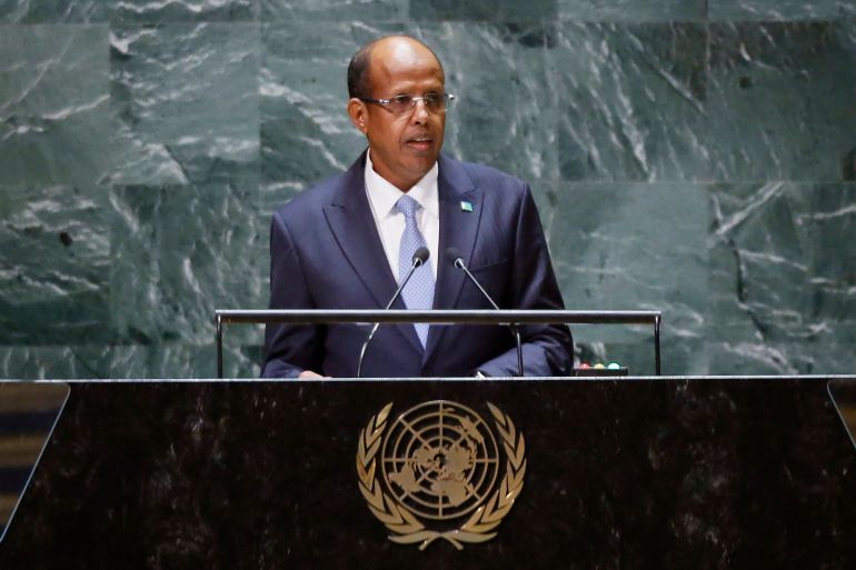 Djiboutian Foreign Minister Mahamoud Ali Youssouf addresses the 78th United Nations General Assembly at UN headquarters in New York City on September 23, 2023. (Photo by Leonardo Munoz / AFP)