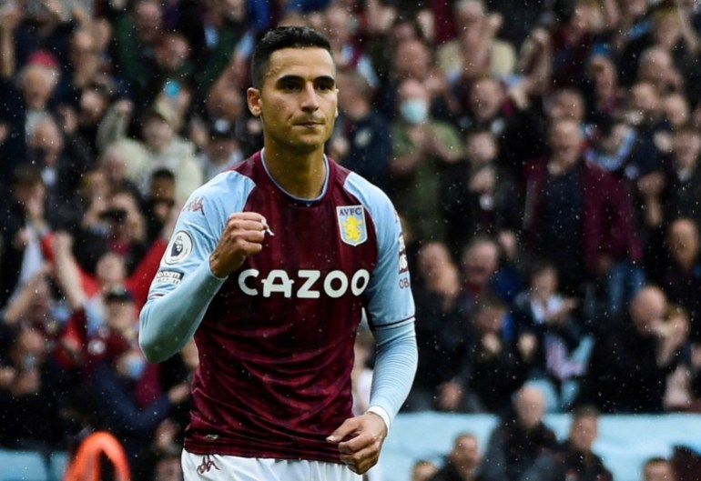 FILE PHOTO: Soccer Football - Premier League - Aston Villa v Newcastle United - Villa Park, Birmingham, Britain - August 21, 2021 Aston Villa's Anwar El Ghazi celebrates scoring their second goal from the penalty spot REUTERS/Rebecca Naden EDITORIAL USE ONLY. No use with unauthorized audio, video, data, fixture lists, club/league logos or 'live' services. Online in-match use limited to 75 images, no video emulation. No use in betting, games or single club /league/player publications. Please contact your account representative for further details./File Photo