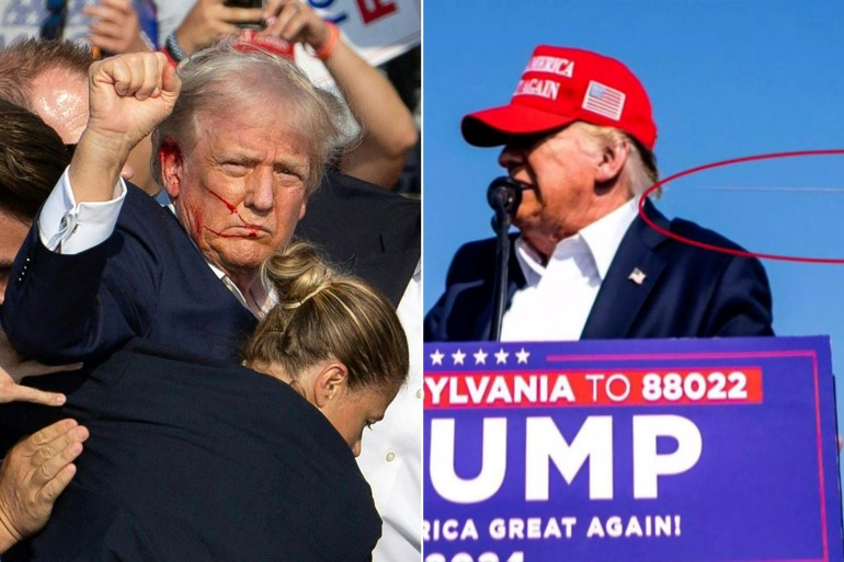 Republican presidential candidate and former U.S. President Donald Trump gestures with a bloodied face while he is assisted by U.S. Secret Service personnel after he was shot in the right ear during a campaign rally at the Butler Farm Show in Butler, Pennsylvania, U.S., July 13, 2024. REUTERS/Brendan McDermid