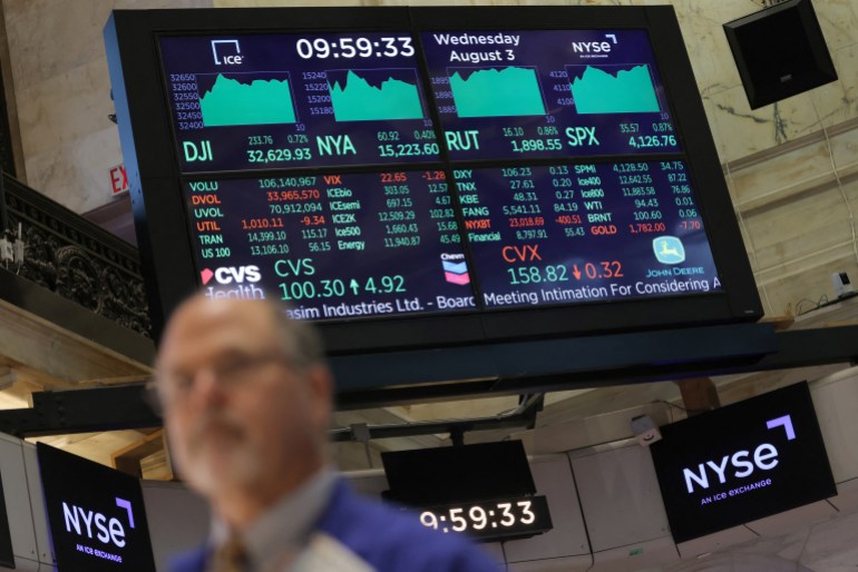 A screen displays market information on the trading floor at the New York Stock Exchange (NYSE) in Manhattan, New York City, U.S., August 3, 2022. REUTERS/Andrew Kelly