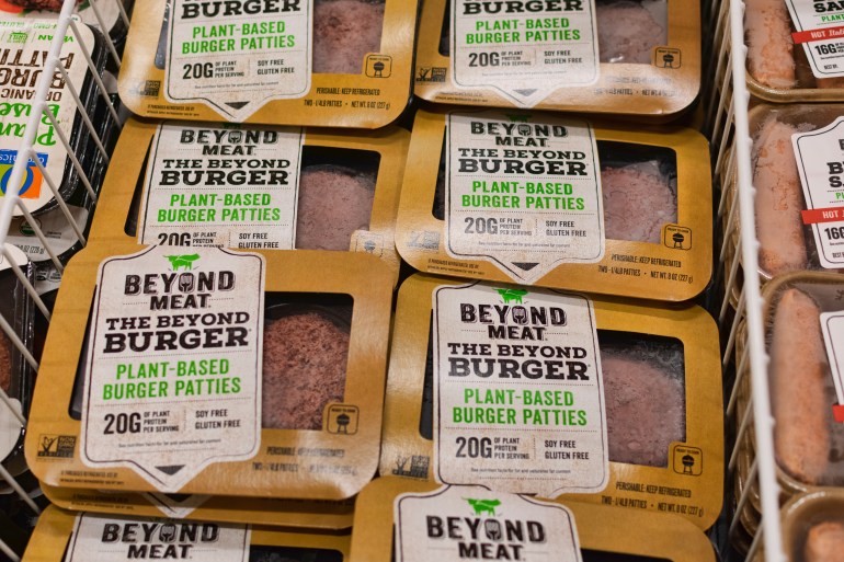 Beyond Meat brand plant-based Beyond Burger packages available for vegan customers in the meat ...