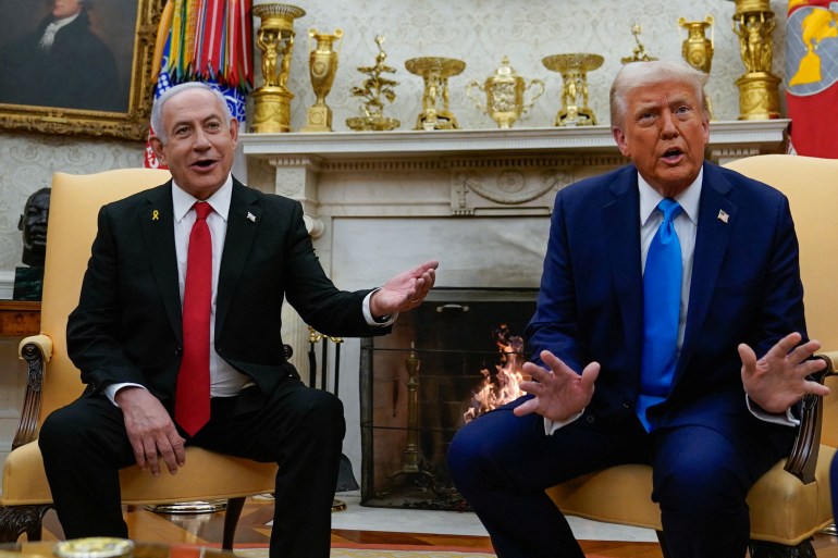 U.S. President Donald Trump and Israeli Prime Minister Benjamin Netanyahu meet at the White House in Washington, U.S., February 4, 2025. REUTERS/Elizabeth Frantz