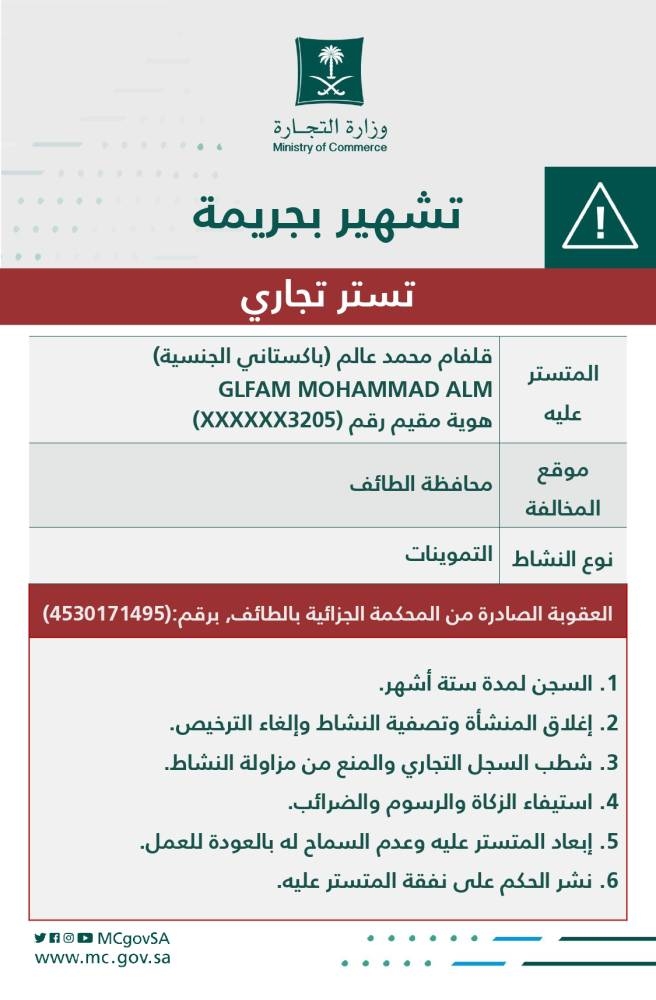 «التجارة»: التشهير والسجن والإبعاد لمقيم ارتكب جريمة التستر في التموينات