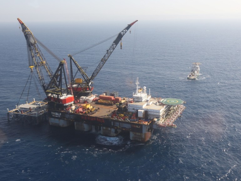 An aerial view shows the newly arrived foundation platform of Leviathan natural gas field, in the Mediterranean Sea, off the coast of Haifa, Israel January 31, 2019. Marc Israel Sellem/Pool via REUTERS