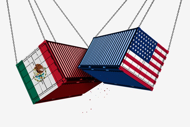 Mexico US trade war and American tariffs as two opposing cargo freight containers in conflict as an economic dispute over import and export taxes concept as a 3D illustration.; Shutterstock ID 1416833843; purchase_order: AJA; job: ; client: ; other: