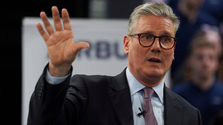 British opposition Labour Party leader Keir Starmer speaks during a Labour general election campaign event at Airbus Defence and Space, in Stevenage, Britain, May 28, 2024. REUTERS/Maja Smiejkowska