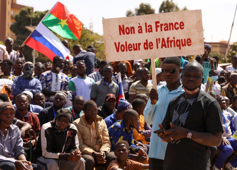 People gather to show their support to Burkina Faso's new military leader Ibrahim Traore and demand the departure of the French ambassador in Ouagadougou