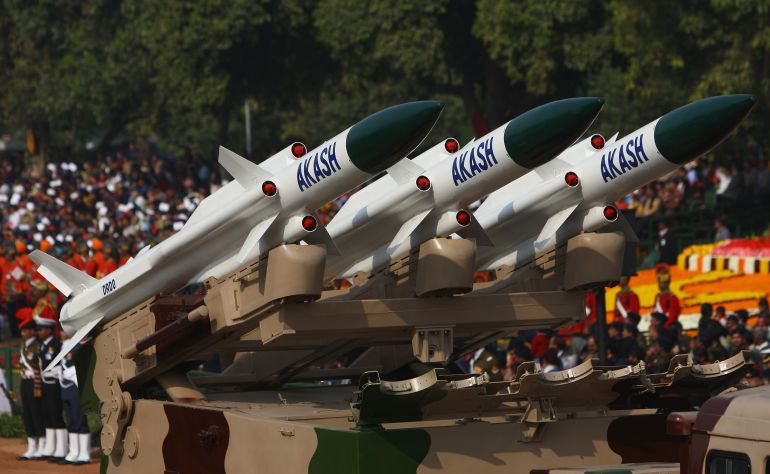 DELHI, INDIA - JANUARY 26: Replica missiles from the Akash Weapon System are displayed during the Republic Day Parade on January 26, 2009 in New Delhi, India. India today celebrates its 60th Republic Day with its annual parade. The parade is an opportunity for India to display its military might, progress and cultural diversity. (Photo by Daniel Berehulak/Getty Images)