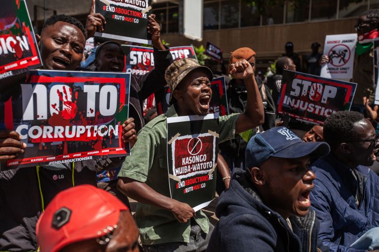 Protest in Kenya over alleged abductions- - NAIROBI, KENYA - DECEMBER 30: Kenyans gather to protest against the alleged abduction or disappearance of those critical of President William Ruto and the government in Nairobi, Kenya on December 30, 2024. Human rights groups report that dozens of Kenyans have been abducted in recent months, attributing the extrajudicial detentions to Kenya's police and intelligence agencies. Participants carried banners reading "Stop oppression", "Stop unfair arrests", "Stop injustice", "No to corruption". Kenyan security forces intervened in the demonstrations.