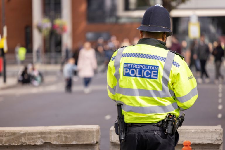 London, England - September 19, 2022: Policemen in London during the Queen's funeral service.