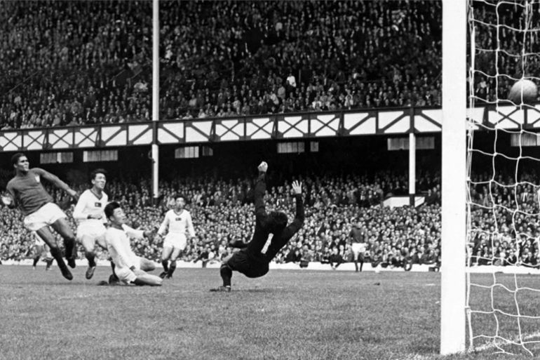 1966 World Cup quarter-final Portugal's Eusebio scores the first of his four goals in 5-3 win over North Korea Image credit: PA Photos