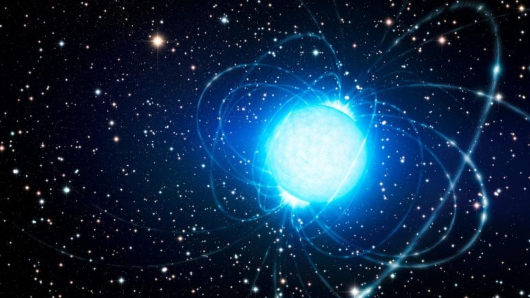 A undated handout image, made available by the European Southern Observatory, ESO, on 14 May 2014 showing an artistâs impression of the magnetar in the very rich and young star cluster Westerlund 1. This remarkable cluster contains hundreds of very massive stars, some shining with a brilliance of almost one million suns. European astronomers have for the first time demonstrated that this magnetar â an unusual type of neutron star with an extremely strong magnetic f