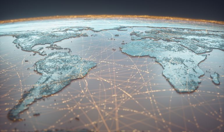Globalized world, the future of digital technology. Connections and cloud computing in the virtual world. World map with satellite data connections. Connectivity across the world. 3D illustration.