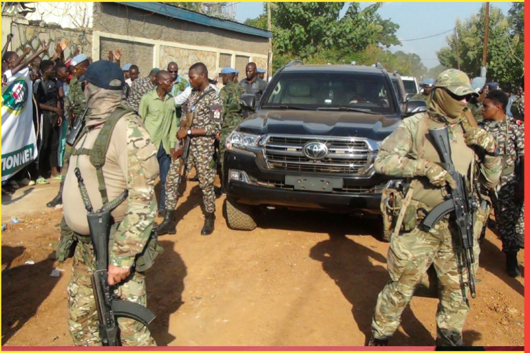 Russian officers from the wagner group are seen around Central African president Faustin-Archange Touadera as they are part of the presidential security system during the referendum campaign to change the constitution and remove term limits, in Bangui, Central African Republic July 17, 2023. REUTERS/Leger Kokpakpa
