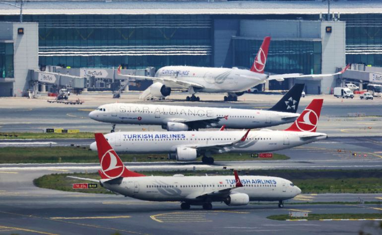 Turkish Airlines (THY) aircraft are pictured on the tarmac of Istanbul Grand Airport in Istanbul, Turkey May 23, 2023. REUTERS/Yoruk Isik