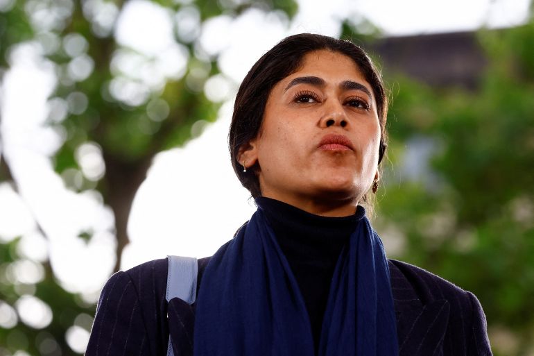 Member of the European Parliament Rima Hassan, of the French far-left opposition party La France Insoumise (France Unbowed - LFI), attend a political rally by the alliance of left-wing parties, called the "Nouveau Front Populaire" (New Popular Front) in Montreuil, near Paris, on the first day of official campaigning for the upcoming French parliamentary elections, France, June 17, 2024. REUTERS/Sarah Meyssonnier