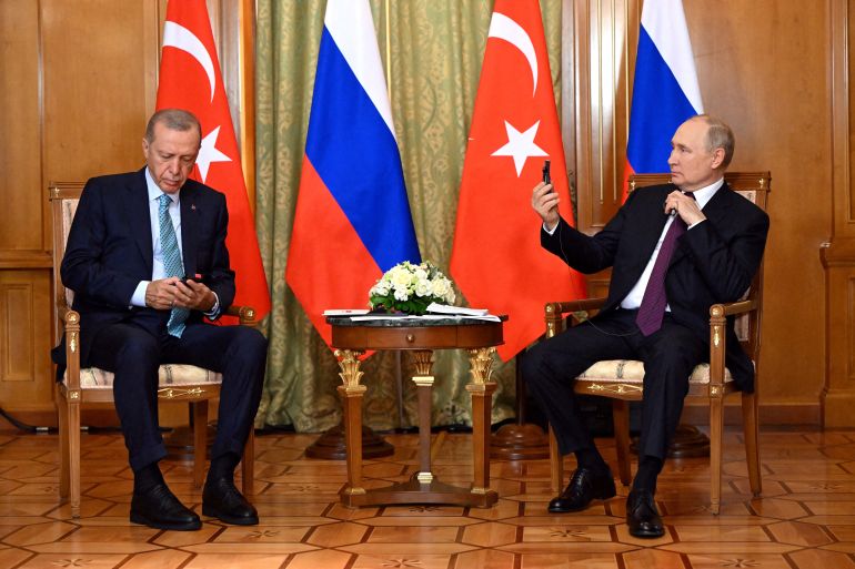 Russian President Vladimir Putin and Turkish President Tayyip Erdogan attend a meeting in Sochi, Russia, September 4, 2023. Sputnik/Sergei Guneev/Pool via REUTERS ATTENTION EDITORS - THIS IMAGE WAS PROVIDED BY A THIRD PARTY. TPX IMAGES OF THE DAY