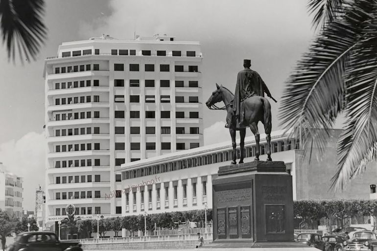 A file picture taken in the 1950 shows the equestrian statue of Marechal Hubert Lyautey (1854-1934) on "Place Administrative" with the new De La Fonciere Building in the background, in Casablanca, Morocco, which then was a French protectorate. Named Lyautey l'Africain, he served as first Resident-General of French- Morocco from 1912 to 1925. Morocco became a French protectorate after the Convention of Fez in 1912. As a colonial administrator Lyautey was respectful of local traditions and is considered to be the creator of Modern Morocco. (Photo by BELIN / AFP) (Photo by -/BELIN/AFP via Getty Images)