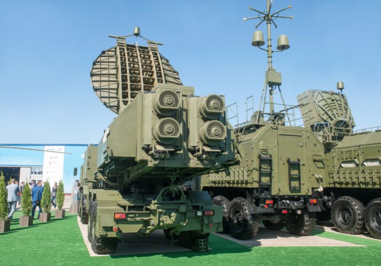 Russian electronic warfare systems (EW) "Krasukha-2" on the chassis of the BAZ and "Krasukha-4" on the chassis of the KAMAZ truck the MAKS-2019 air show, rear view