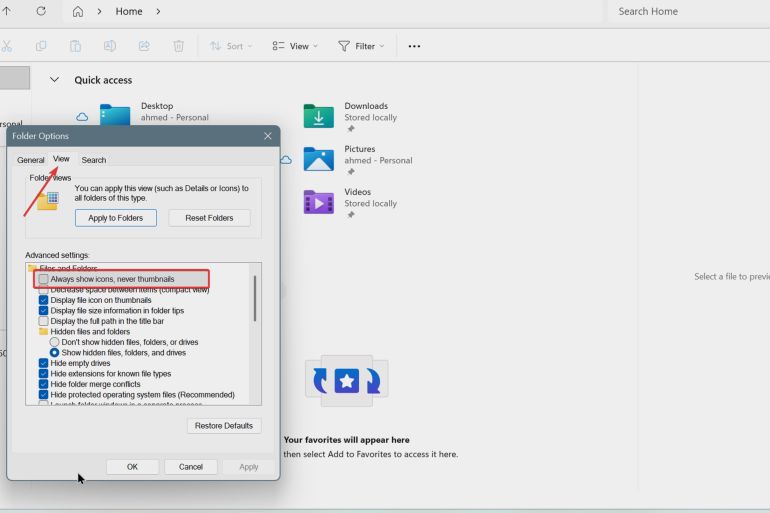 تعديل خيارات المجلدات في ويندوز 11