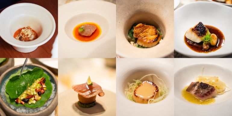Dishes featuring the four selected seafood items, from left: oysters, yellowtail, scallops, and red sea bream